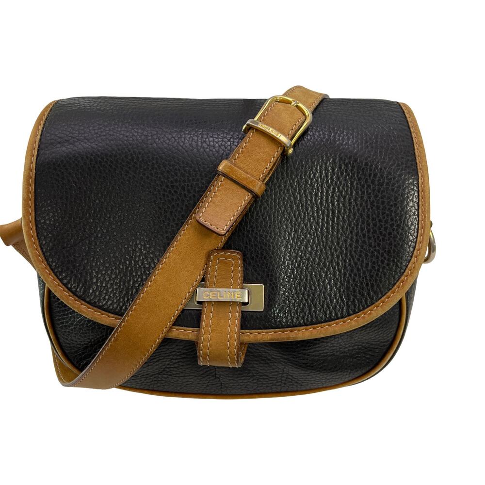 Celine Vintage Leather Crossbody Bag Black Brown Flap Italy Minimalist - Picture 2 of 15